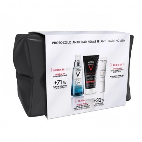 Vichy Homem Mineral 89 Sérum 50ml + Structure Force 50ml + Capital Soleil UV-Age Daily SPF50+ 15ml +  Bolsa Coffret