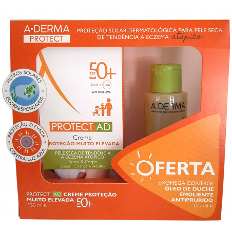 A-Derma Pack Protect AD SPF50+ Creme Proteção Muito Elevada 150 ml + Exomega Control Óleo Duche 100ml